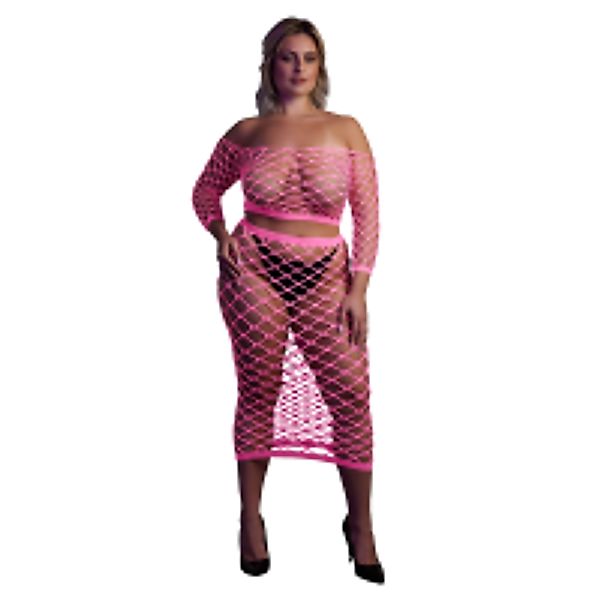 Long Sleeve Crop Top and Long Skirt - Plus Size - Neon Pink günstig online kaufen