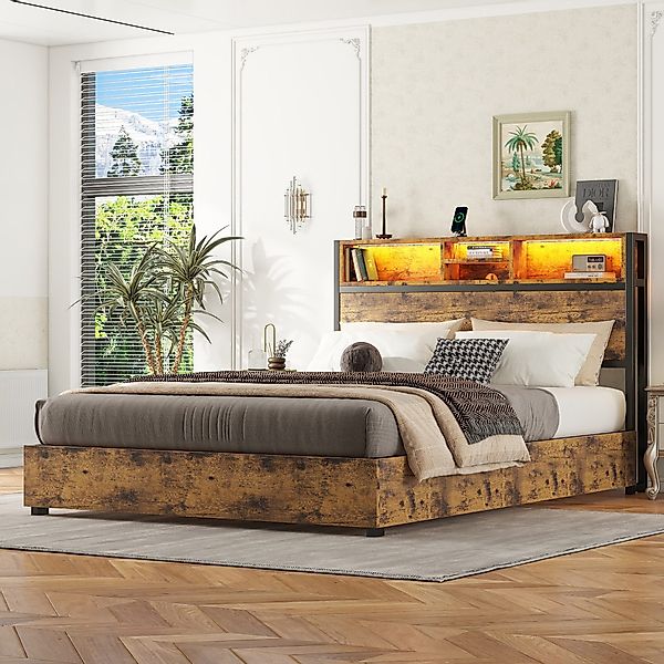 REDOM Stauraumbett Doppelbett Flachbett, hydraulischer Hebemechanismus günstig online kaufen