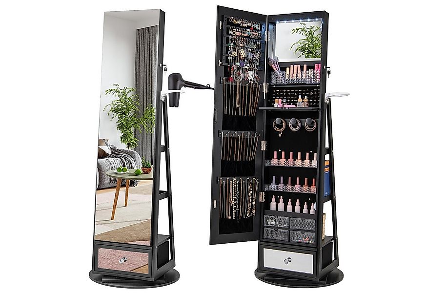 COSTWAY Schmuckschrank mit Spiegel, LED & 3 Ablagen, drehbar & abschließbar günstig online kaufen