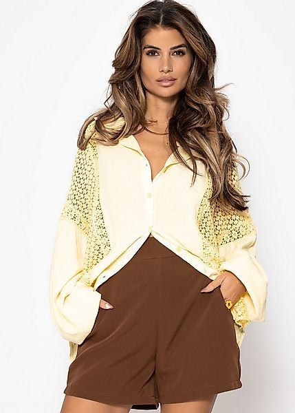 SASSYCLASSY Langarmbluse Leinen Bluse Damen mit Spitzeneinsätzen Oversize B günstig online kaufen