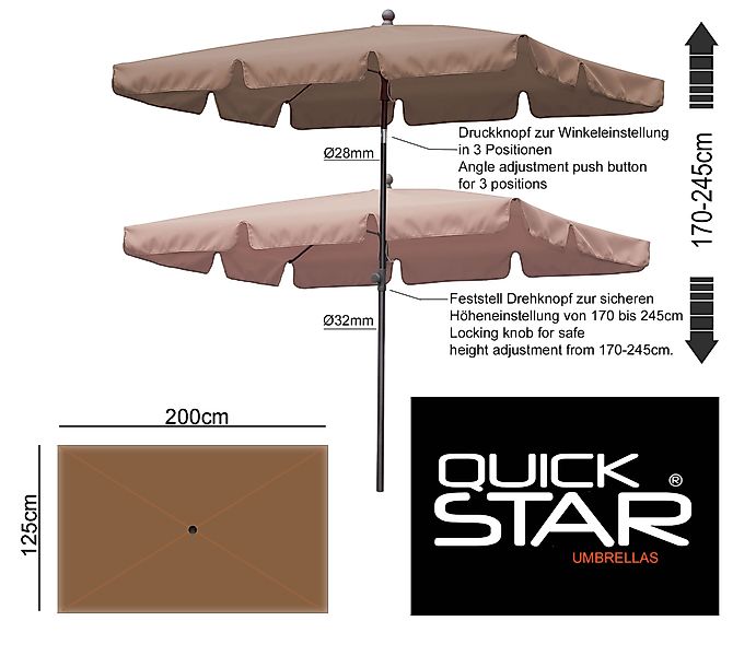 Quick Star Sonnenschirm Sonnenschirm 2x1,25m Rechteckig Terra, LxB: 125x200 günstig online kaufen