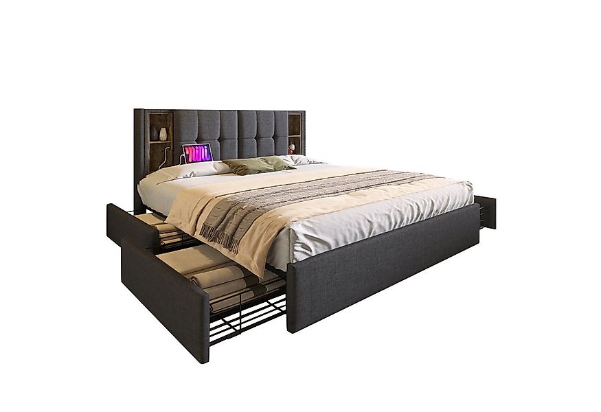 Flieks Polsterbett, Doppelbett 160x200cm Kabelloses Laden/USB/Typ-c & 4 Sch günstig online kaufen
