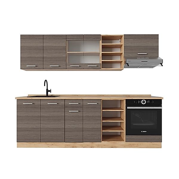 Vicco R-Line Küchenzeile Edelgrau/Goldkraft Eiche 240 cm ohne Arbeitsplatte günstig online kaufen
