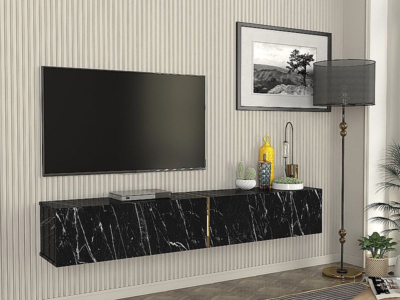 Hängender TV-Schrank mit 2 Türen – Schwarze Marmor-Optik – DINOMA günstig online kaufen