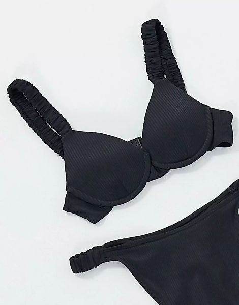 Fashion Union – Geripptes Bikinioberteil mit Bügeln in Schwarz günstig online kaufen