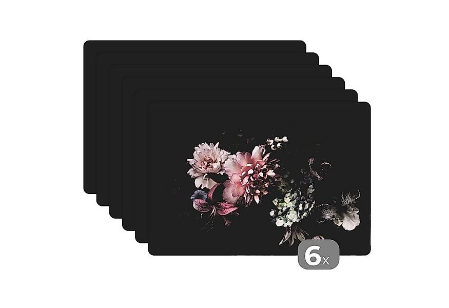 MuchoWow Platzset Blumen - Vintage - Pastell - Schwarz - Blumenstrauß, (6-S günstig online kaufen