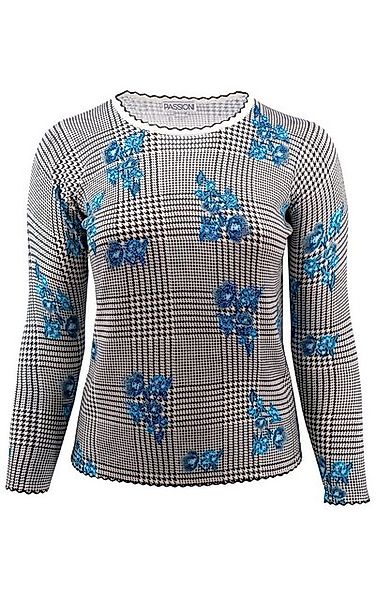 Passioni Strickpullover mit kleinem Karomuster und blauem Blumendruck günstig online kaufen