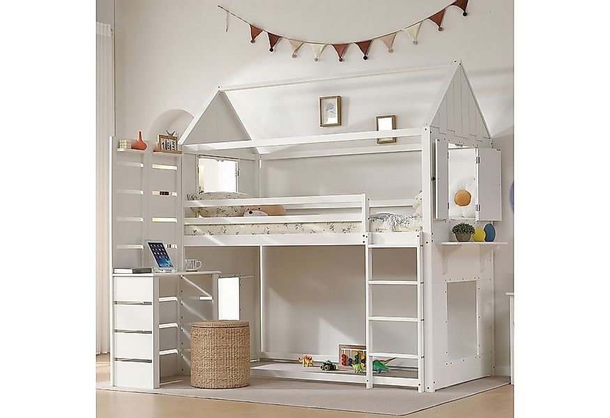 Flieks Etagenbett, Kinderbett Hausbett 90x200cm mit Leiter und integrierten günstig online kaufen