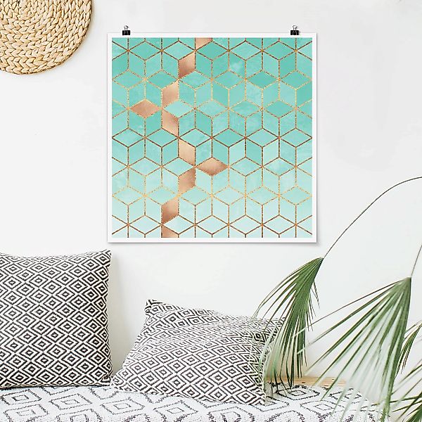 Poster - Quadrat Türkis Weiß goldene Geometrie günstig online kaufen