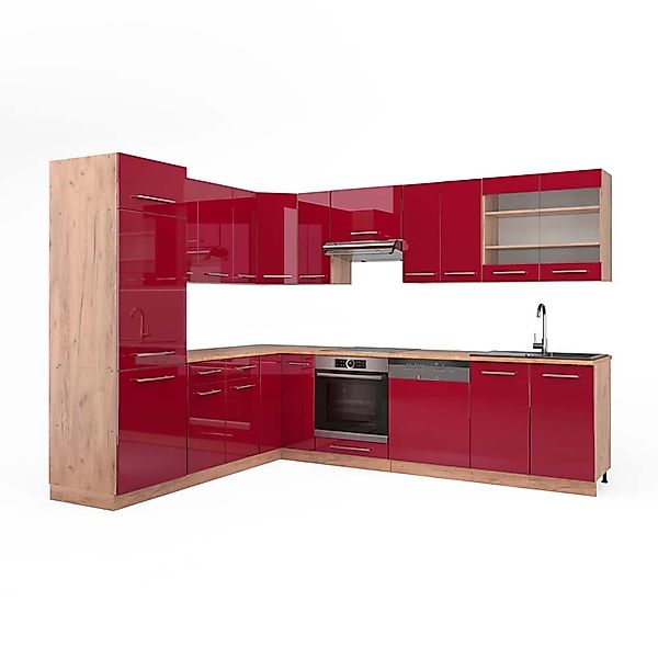 Vicco Fame-Line Eckküche Bordeaux Hochglanz/Goldkraft Eiche 227 x 287 cm AP günstig online kaufen