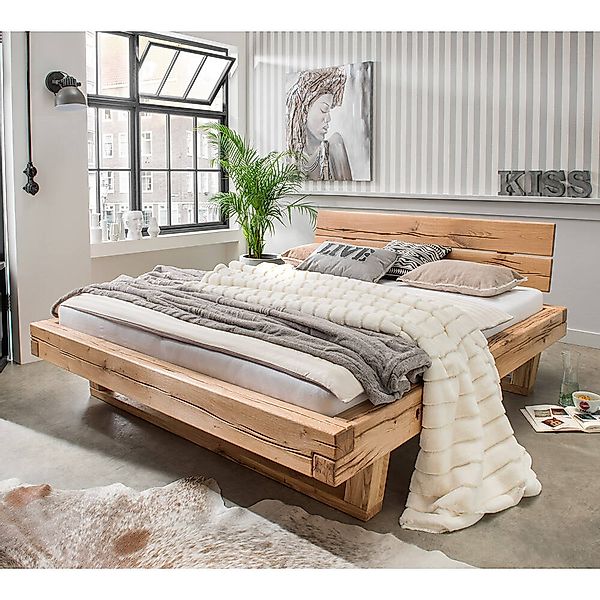 Massivholz Doppelbett, 140x200 cm, Eiche massiv, Holzkopfteil, Massivholzku günstig online kaufen