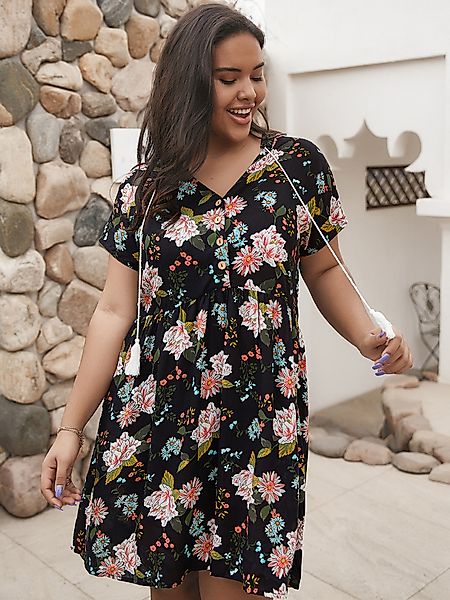 Plus Größe Button Design Blumendruck V-Ausschnitt Kleid günstig online kaufen