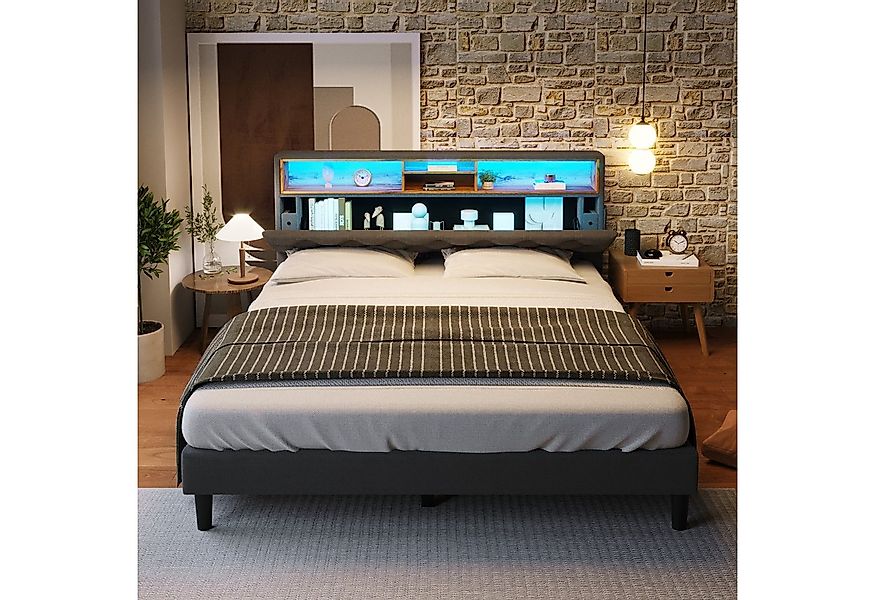 Flieks Polsterbett, LED-Beleuchtung Doppelbett mit Stauraum 140x200cm Leine günstig online kaufen