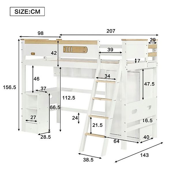 Flieks Hochbett Kinderbett 90x200cm mit offenen Regale Schreibtisch und Kle günstig online kaufen