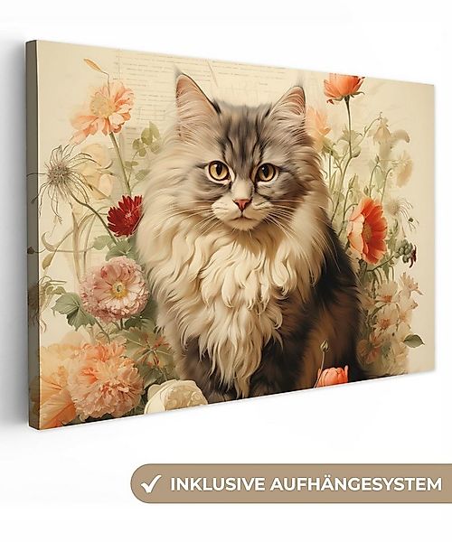 OneMillionCanvasses® Leinwandbild Vintage - Katze - Blumen - Weiß - Natur - günstig online kaufen