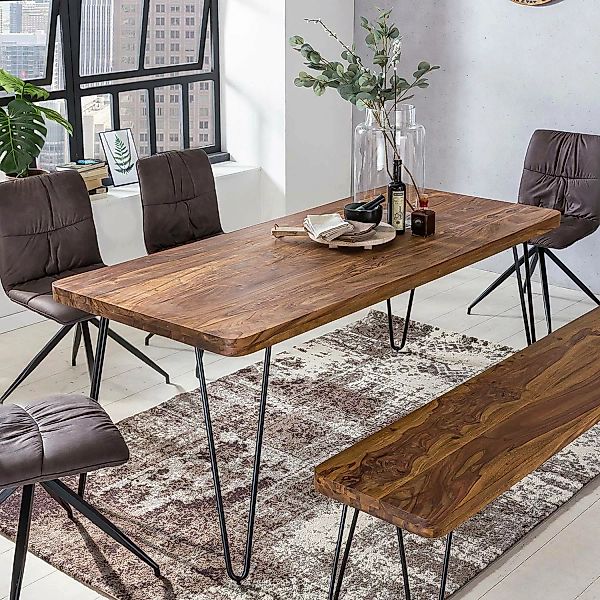 Esstisch Massivholz Sheesham 180 cm Esszimmer-Tisch Holztisch Metallbeine K günstig online kaufen