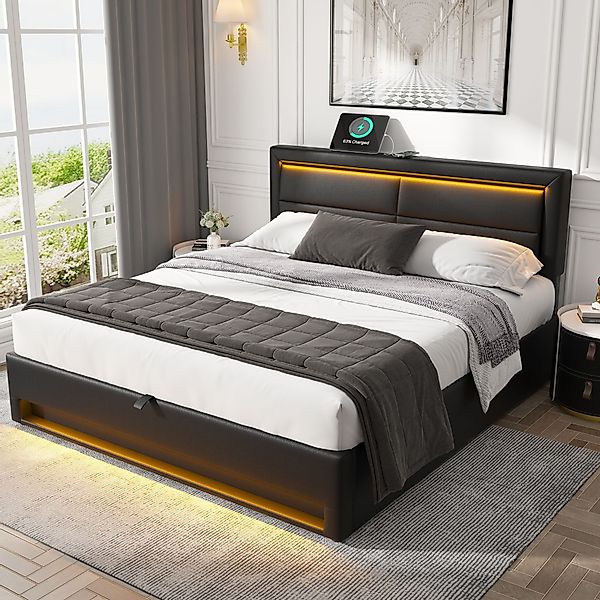 OKWISH Polsterbett mit LED-Beleuchtung und Stauraum günstig online kaufen