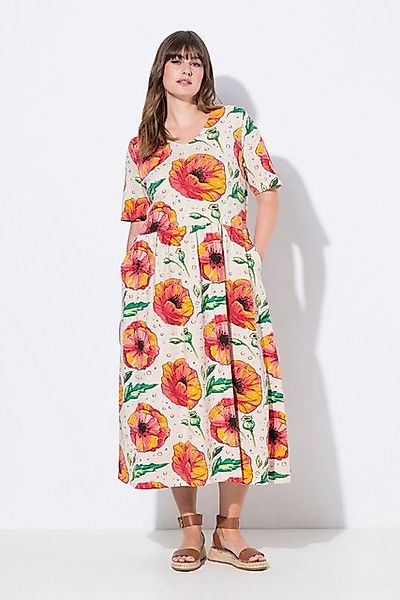 Ulla Popken Midikleid Maxikleid Mohn V-Ausschnitt Halbarm Biobaumwolle günstig online kaufen