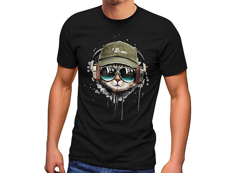 Neverless Print-Shirt Herren T-Shirt Katzen-Motiv cool Kopfhörer Musik Fash günstig online kaufen