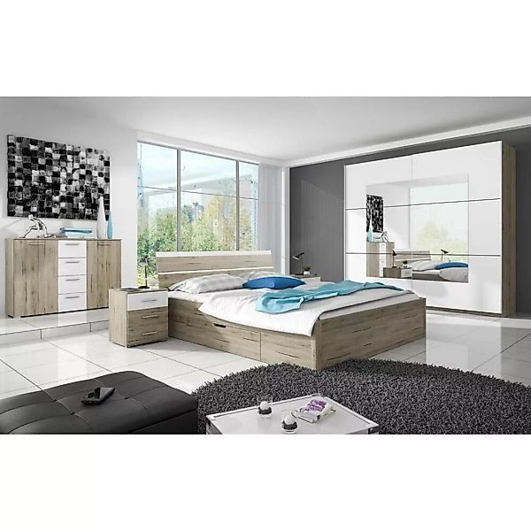 Schlafzimmer Komplett Set in Sanremo Eiche Nb. mit weiß BIRMINGHAM-83 Liege günstig online kaufen