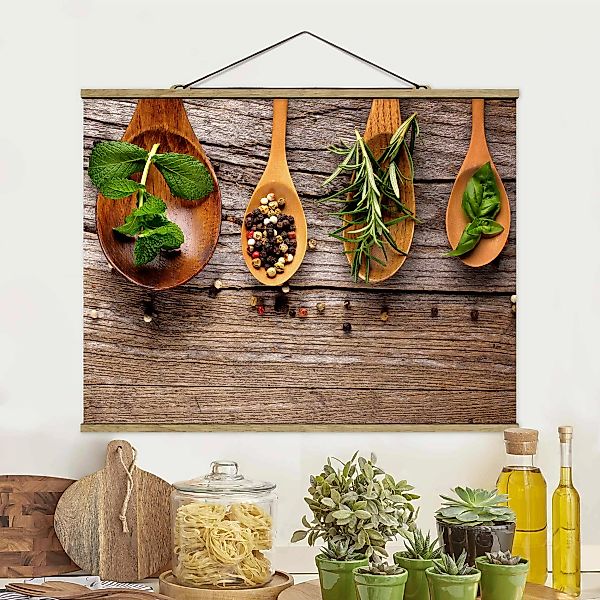 Stoffbild Küche mit Posterleisten - Querformat Kräuter und Gewürze günstig online kaufen