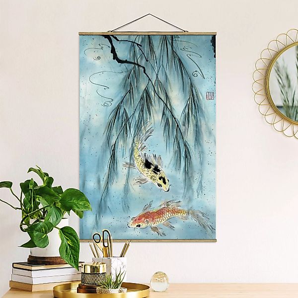 Stoffbild Tiere mit Posterleisten - Hochformat Japanische Aquarell Zeichnun günstig online kaufen