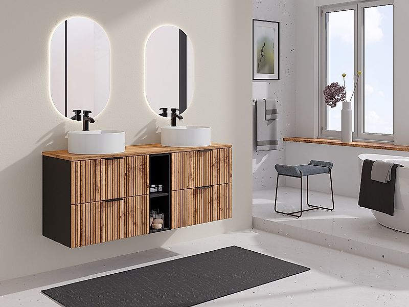 Waschbeckenunterschrank hängend mit Ablagen & Doppelaufsatzwaschbecken rund günstig online kaufen