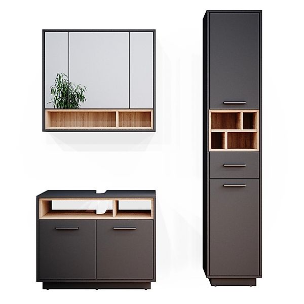 Vicco Badmöbel-Set Beatrice Anthrazit/Sonoma 3 Teile mit Hochschrank günstig online kaufen