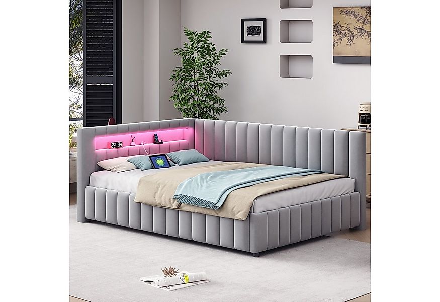 MODFU Polsterbett Kinderbett (140x200 cm mit LED-Lichtstreifen, USB-Ladeans günstig online kaufen