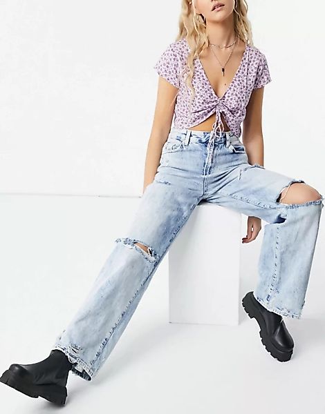 Bershka – Jeans mit weitem Bein und Zierrissen am Knie im Stil der 90er in günstig online kaufen