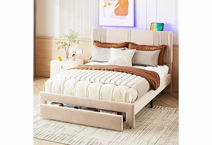 BlingBin Polsterbett Doppelbett (140 x 200 cm, Beige), mit Lichtleiste und günstig online kaufen
