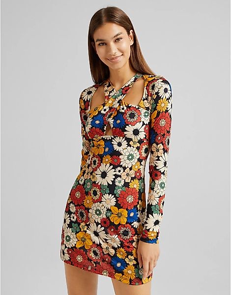 Bershka – Langärmliges Minikleid mit kräftigem Retro-Blumenmuster und überk günstig online kaufen