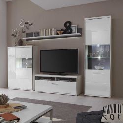 Wohnzimmer Schrankwand in Hochglanz Weiß 300 cm breit (vierteilig) günstig online kaufen