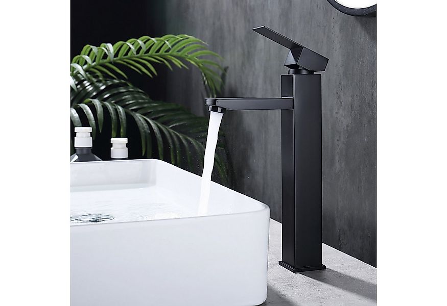 HOMELODY Badarmatur Hohe Waschtischarmatur Schwarz eckig – für Aufsatzwasch günstig online kaufen
