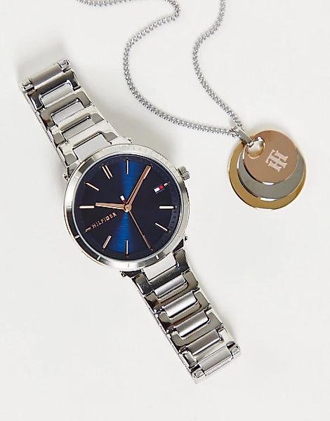 Tommy Hilfiger – Geschenkset aus Armbanduhr und Halskette in Silber mit Ver günstig online kaufen