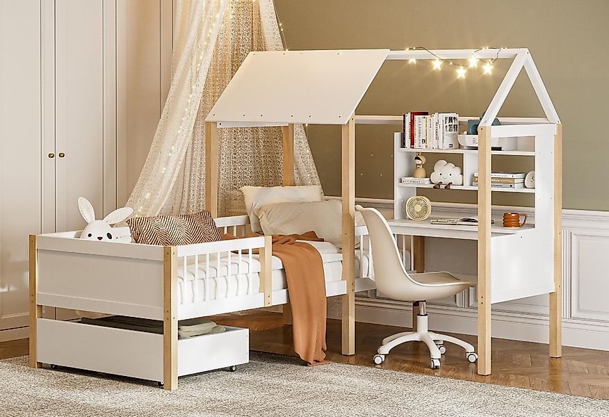 LVHOM Hausbett 90x200,Schreibtisch,Schubladen mit Rollen,Rausfallschutz & günstig online kaufen