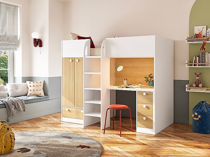 Hochbett mit Kleiderschrank & Schreibtisch - 90 x 190 cm - Weiß & Holzfarbe günstig online kaufen