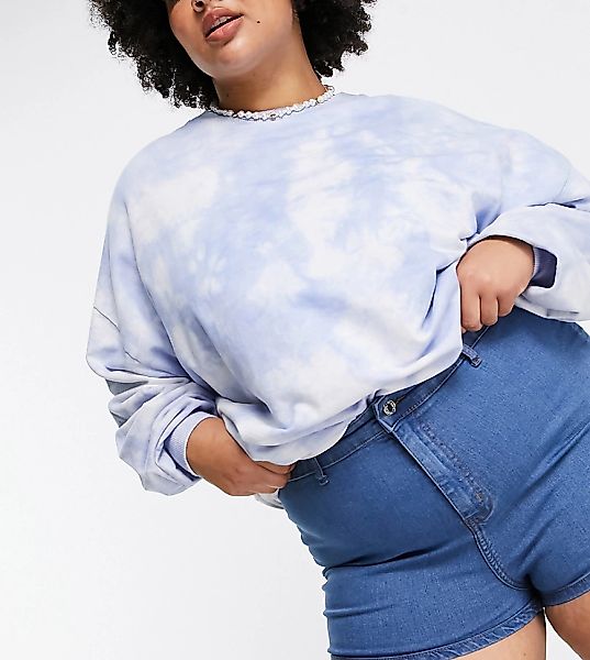 Don't Think Twice Plus – Charlotte – Disco-Jeansshorts mit hohem Bund in Mi günstig online kaufen