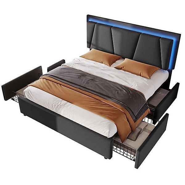 Flieks Polsterbett, LED-Beleuchtung Doppelbett 160x200cm mit 4 Schubladen günstig online kaufen