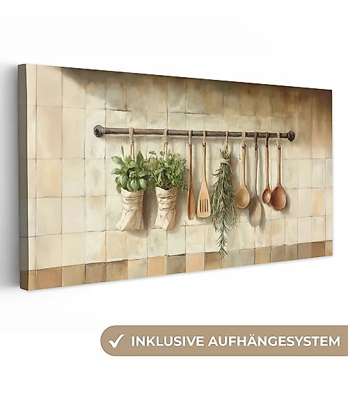 OneMillionCanvasses® Leinwandbild Panorama Holz - Küchengeräte günstig online kaufen