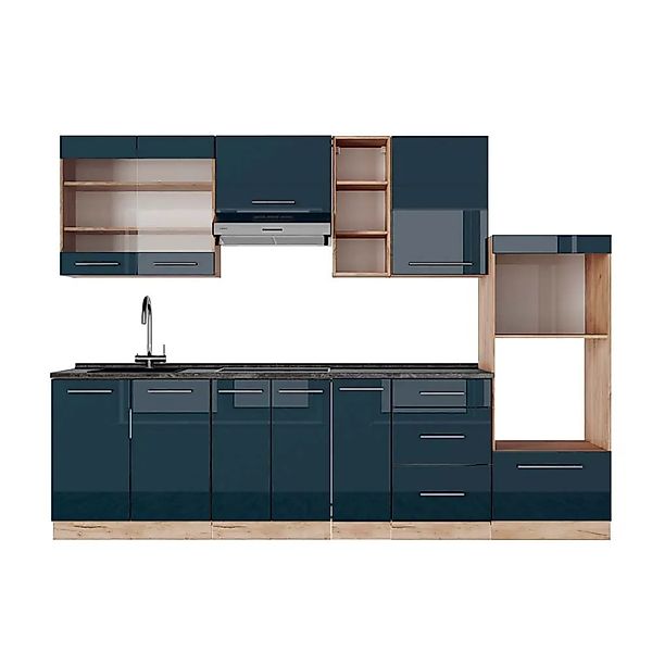 Vicco Fame-Line Küchenzeile Dunkelblau Hochglanz/Goldkraft Eiche 280 cm AP günstig online kaufen