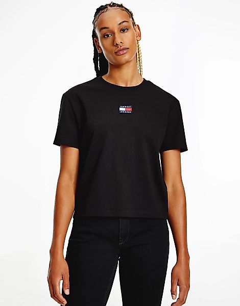 Tommy Jeans – Schwarzes T-Shirt mit Flaggenlogo günstig online kaufen