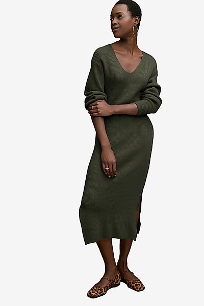 Next Strickkleid Geripptes Langarm-Pulloverkleid mit V-Ausschnitt günstig online kaufen