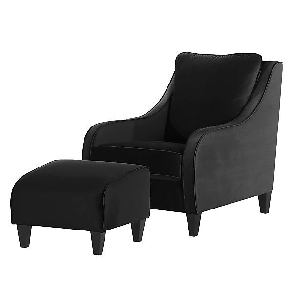 home24 Maison Belfort Sessel Wingen I Schwarz Samt mit Hocker 75x85x94 cm ( günstig online kaufen