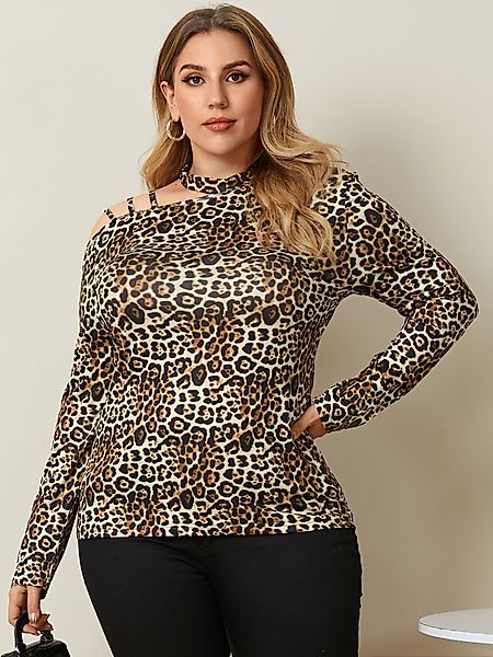 Plus Size Cold Shoulder Leopard Cut Out Langarm T-Shirt günstig online kaufen
