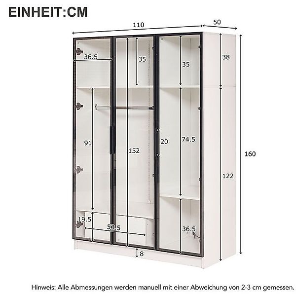 HT Eckkleiderschrank 3 Glastüren, 1 Schublade,1 Kleiderstange 10x50x160 cm günstig online kaufen