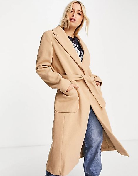 New Look – Lang geschnittener Mantel in Kamelbraun mit Gürtel-Schwarz günstig online kaufen
