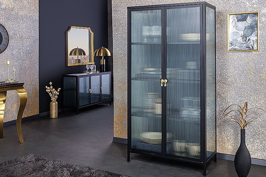 riess-ambiente Vitrine AMSTERDAM 160cm schwarz / gold - Metall, Riffelglas, günstig online kaufen