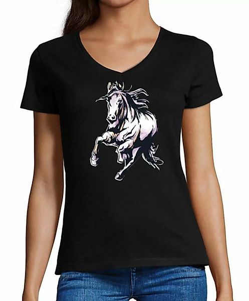 MyDesign24 T-Shirt Damen Pferde Print Shirt - Rennendes Pferd V-Ausschnitt günstig online kaufen