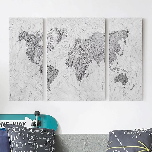 3-teiliges Leinwandbild Weltkarte - Querformat Papier Weltkarte Weiß Grau günstig online kaufen